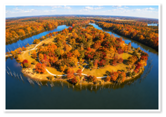 An aerial view of Jackson Lake Island in autumn